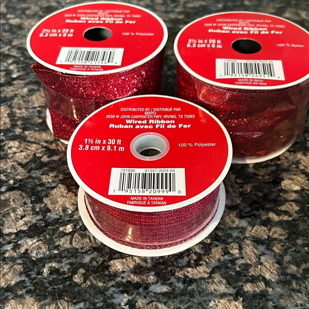 CELEBRATE IT SPARKLING ASSORTED RED WIRED RIBBON LOT OF 3 NWT